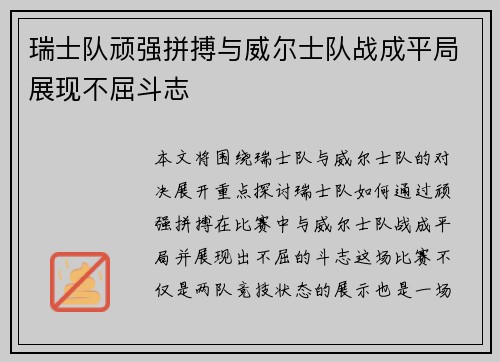 瑞士队顽强拼搏与威尔士队战成平局展现不屈斗志 瑞士队顽强拼搏与威尔士队战成平局展现不屈斗志