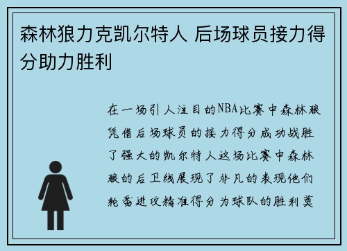 森林狼力克凯尔特人 后场球员接力得分助力胜利 森林狼力克凯尔特人 后场球员接力得分助力胜利