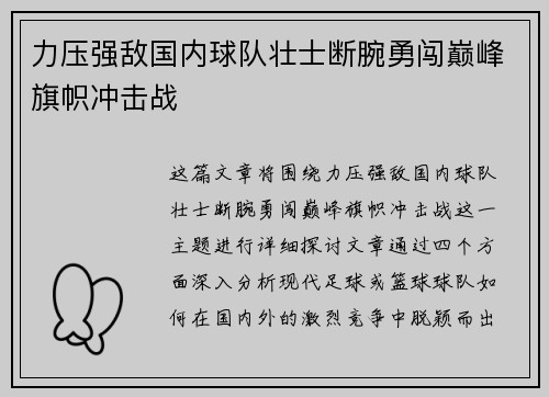 力压强敌国内球队壮士断腕勇闯巅峰旗帜冲击战 力压强敌国内球队壮士断腕勇闯巅峰旗帜冲击战